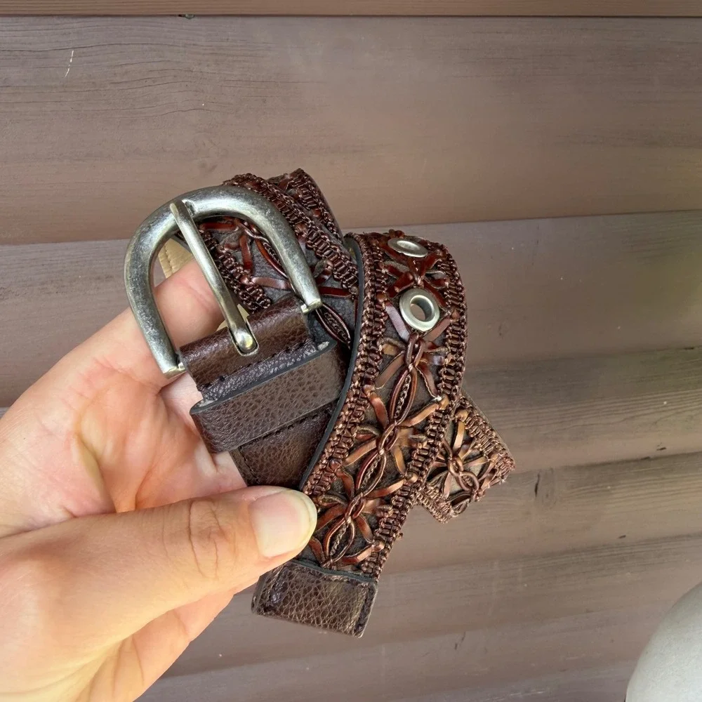 Woven Leather Belt Womens Large Brown Boho Interlaced Floral Silver Buckle 43in